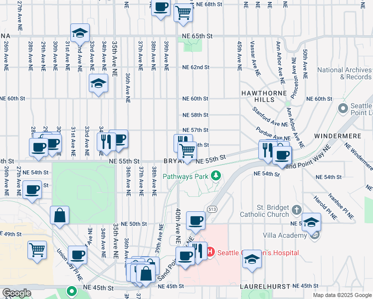 map of restaurants, bars, coffee shops, grocery stores, and more near 4008 Northeast 55th Street in Seattle