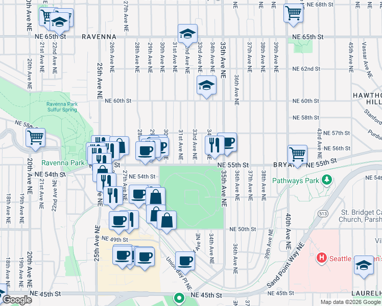 map of restaurants, bars, coffee shops, grocery stores, and more near 3104 Northeast 55th Street in Seattle