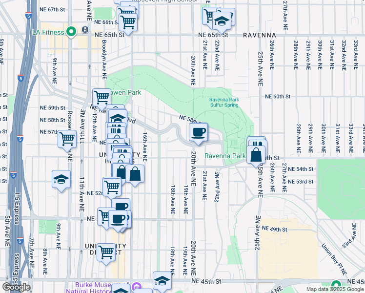 map of restaurants, bars, coffee shops, grocery stores, and more near 5268 19th Avenue Northeast in Seattle