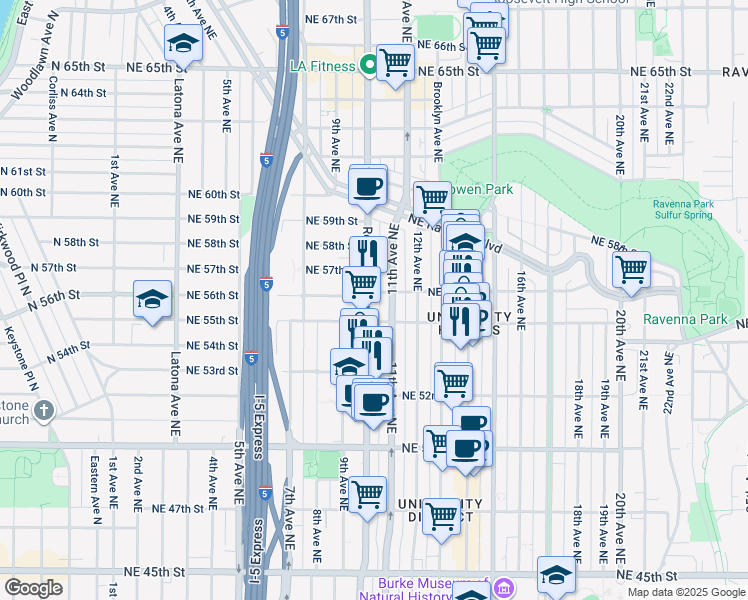 map of restaurants, bars, coffee shops, grocery stores, and more near in Seattle
