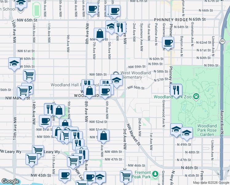 map of restaurants, bars, coffee shops, grocery stores, and more near in Seattle