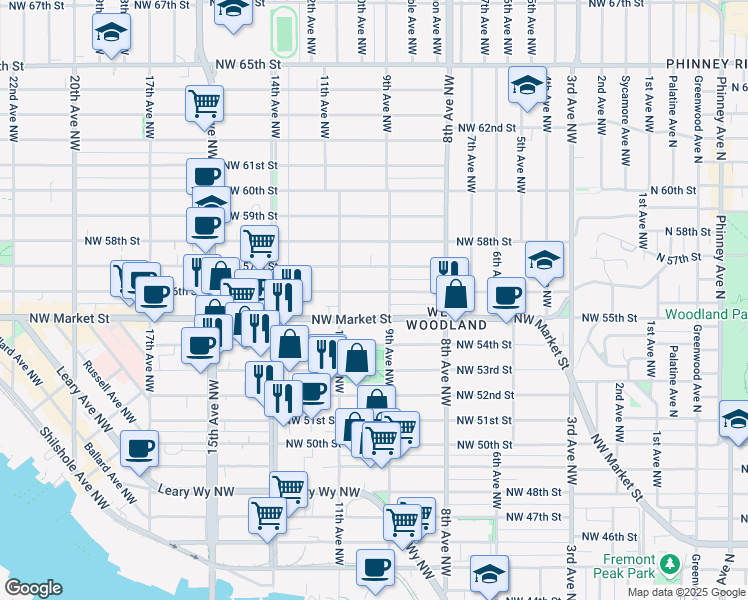 map of restaurants, bars, coffee shops, grocery stores, and more near 929 Northwest Market Street in Seattle