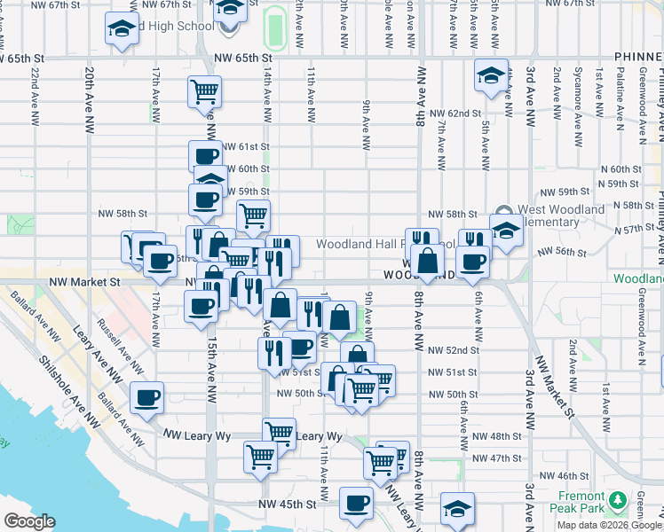 map of restaurants, bars, coffee shops, grocery stores, and more near 929 Northwest Market Street in Seattle