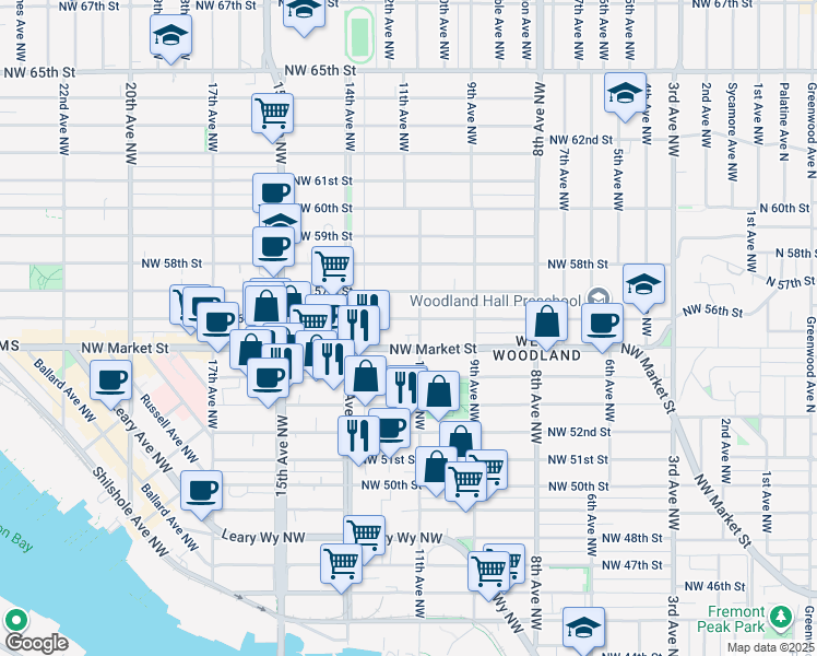 map of restaurants, bars, coffee shops, grocery stores, and more near in Seattle