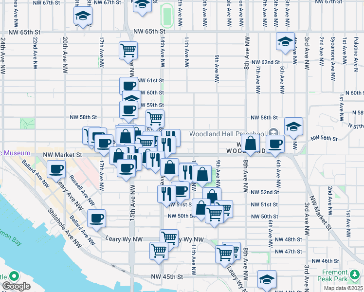 map of restaurants, bars, coffee shops, grocery stores, and more near 1115 Northwest Market Street in Seattle