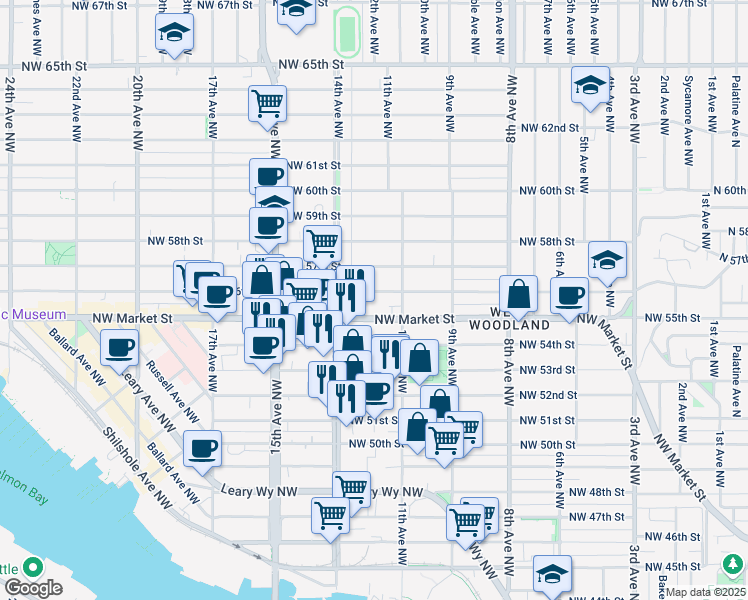 map of restaurants, bars, coffee shops, grocery stores, and more near 1115 Northwest Market Street in Seattle