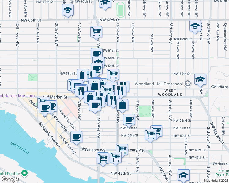 map of restaurants, bars, coffee shops, grocery stores, and more near 1423 Northwest Market Street in Seattle