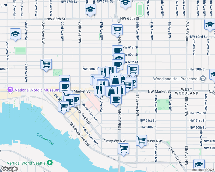 map of restaurants, bars, coffee shops, grocery stores, and more near in Seattle