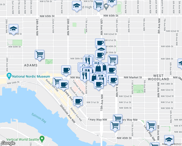 map of restaurants, bars, coffee shops, grocery stores, and more near in Seattle