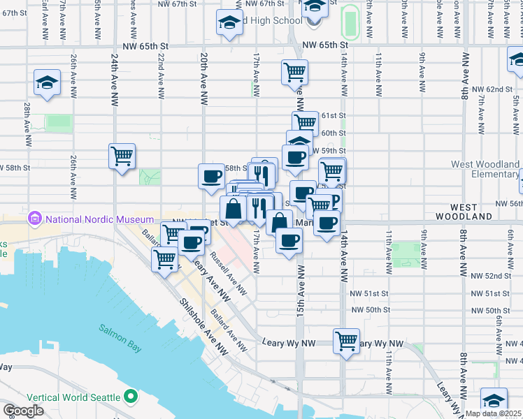 map of restaurants, bars, coffee shops, grocery stores, and more near 1716 Northwest Market Street in Seattle