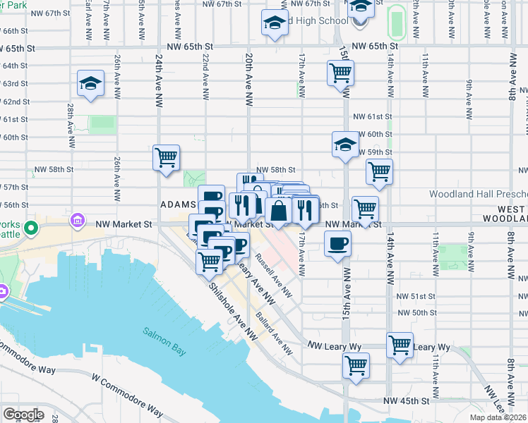 map of restaurants, bars, coffee shops, grocery stores, and more near in Seattle