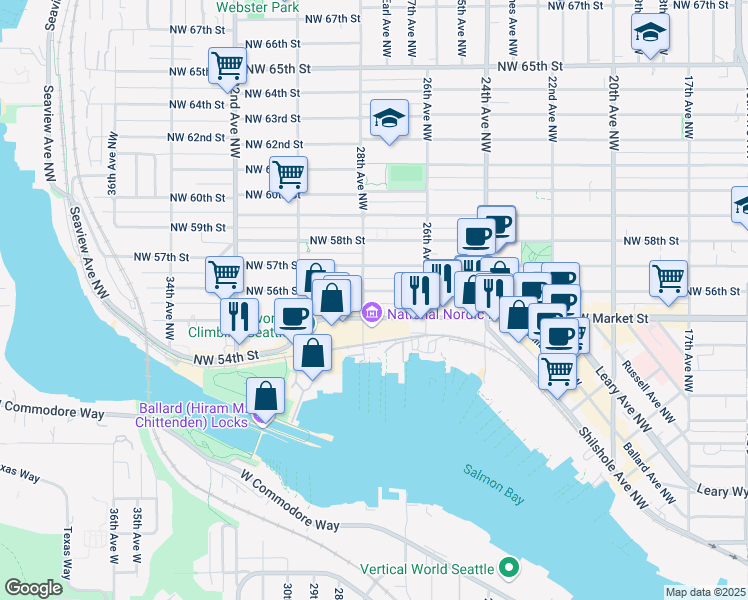 map of restaurants, bars, coffee shops, grocery stores, and more near in Seattle