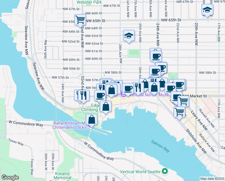 map of restaurants, bars, coffee shops, grocery stores, and more near 2821 Northwest Market Street in Seattle