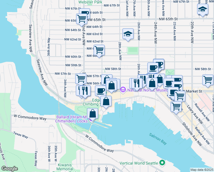 map of restaurants, bars, coffee shops, grocery stores, and more near 2853 Northwest Market Street in Seattle