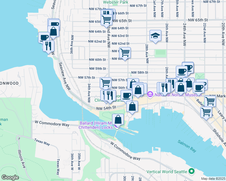 map of restaurants, bars, coffee shops, grocery stores, and more near 5429 32nd Avenue Northwest in Seattle