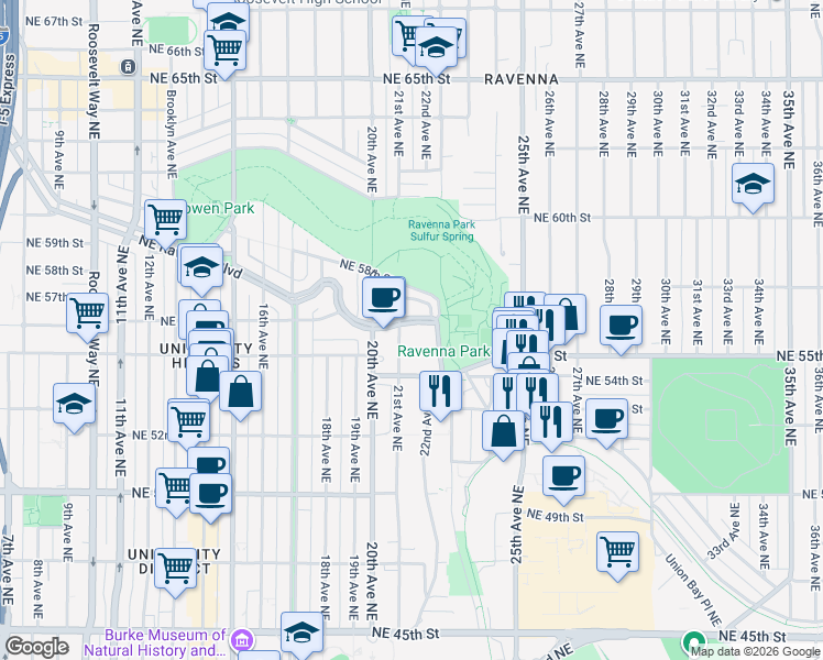 map of restaurants, bars, coffee shops, grocery stores, and more near 2107 Northeast Ravenna Boulevard in Seattle