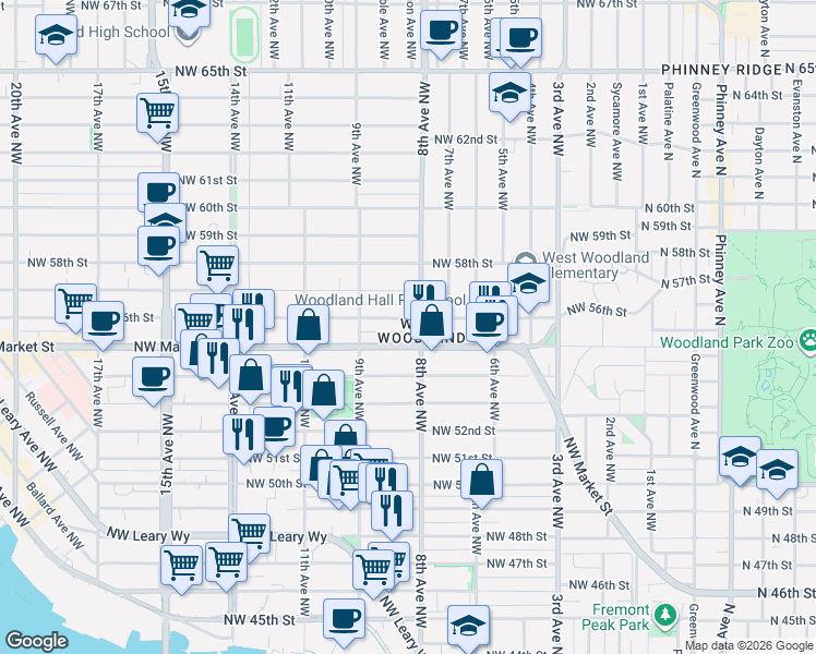 map of restaurants, bars, coffee shops, grocery stores, and more near 815 Northwest Market Street in Seattle