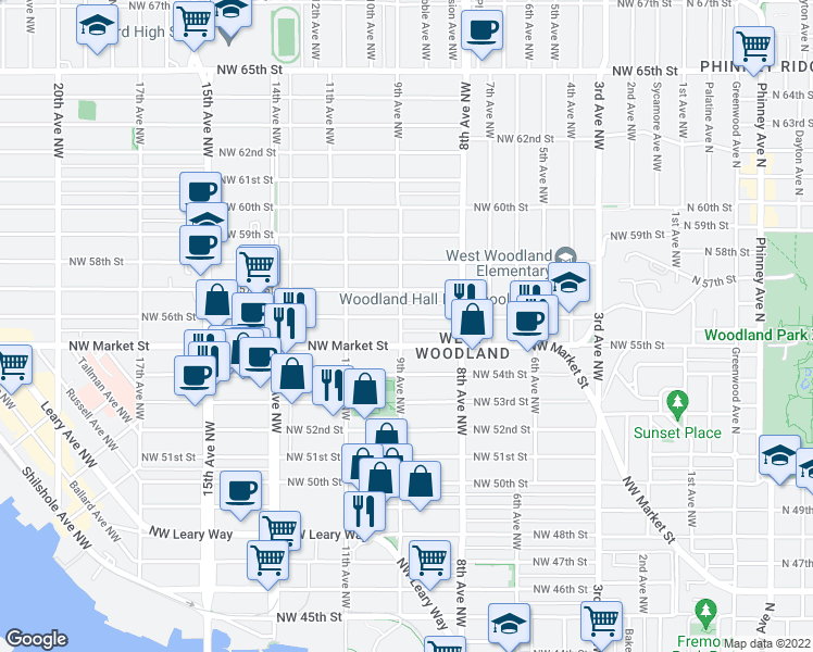 map of restaurants, bars, coffee shops, grocery stores, and more near 849 Northwest Market Street in Seattle