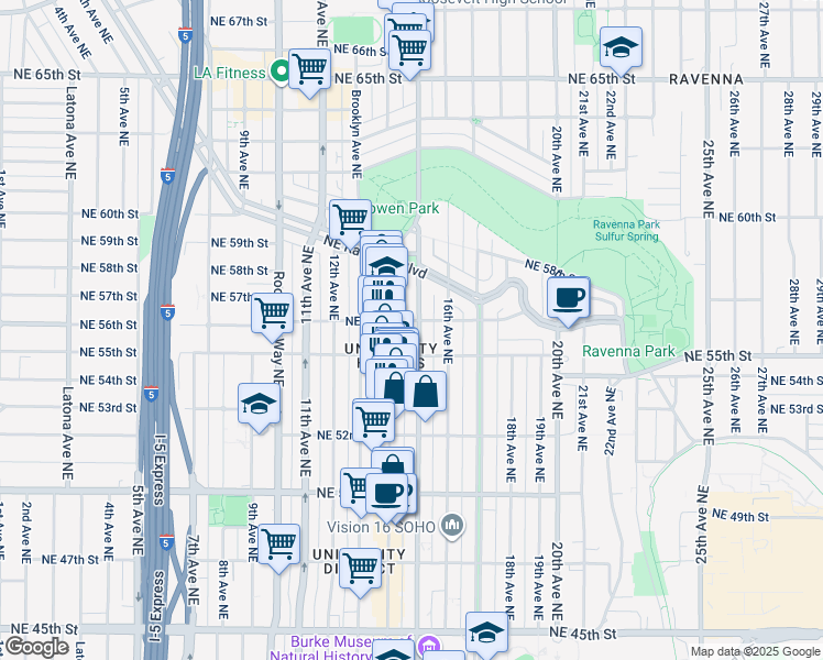 map of restaurants, bars, coffee shops, grocery stores, and more near 5521 15th Avenue Northeast in Seattle