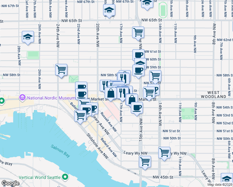 map of restaurants, bars, coffee shops, grocery stores, and more near 1716 Northwest Market Street in Seattle