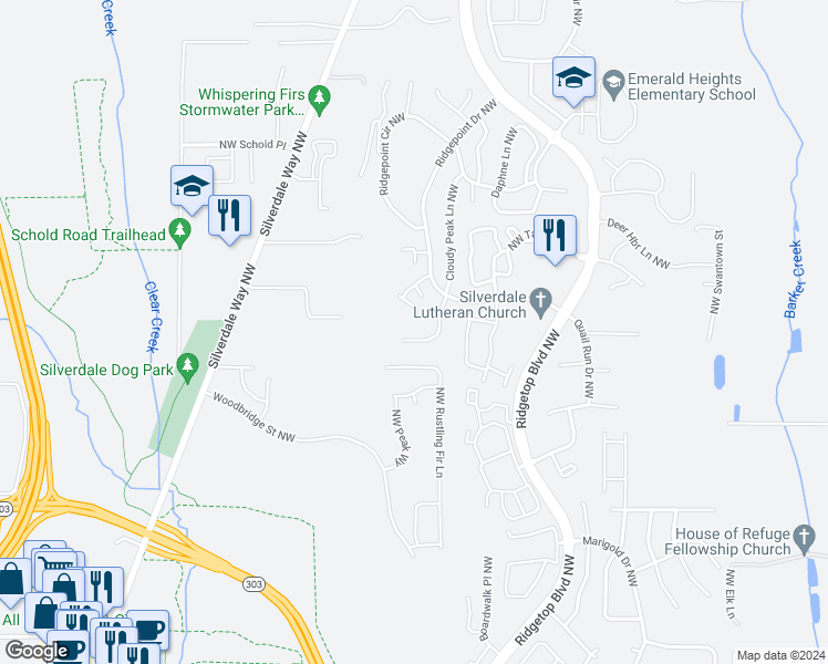 map of restaurants, bars, coffee shops, grocery stores, and more near 11685 Vantage Vista Place in Silverdale