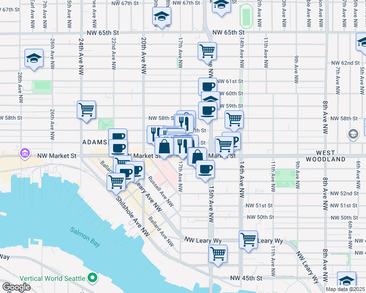 map of restaurants, bars, coffee shops, grocery stores, and more near 1716 Northwest Market Street in Seattle
