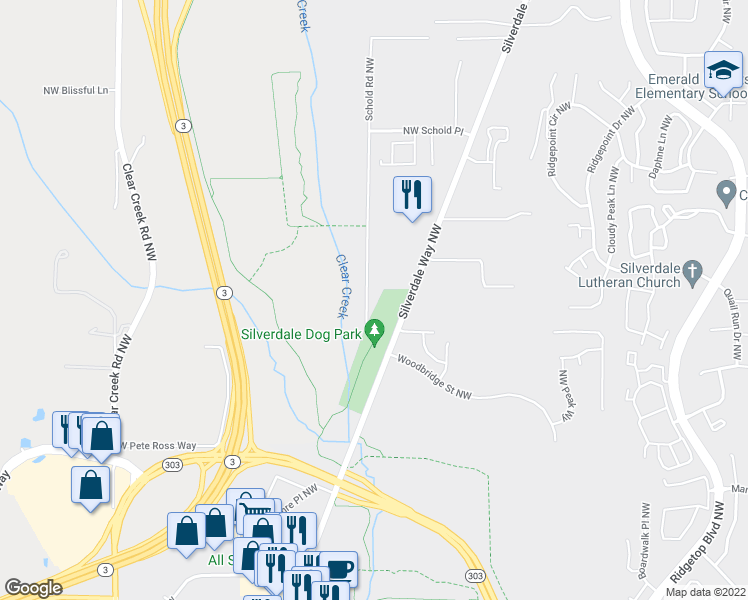 map of restaurants, bars, coffee shops, grocery stores, and more near 11660 Schold Road Northwest in Silverdale