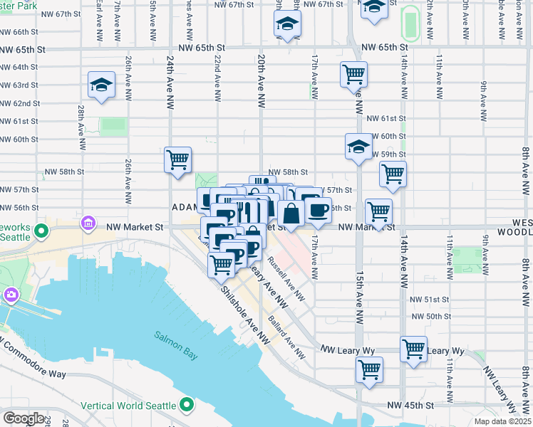 map of restaurants, bars, coffee shops, grocery stores, and more near 5345 Tallman Avenue Northwest in Seattle