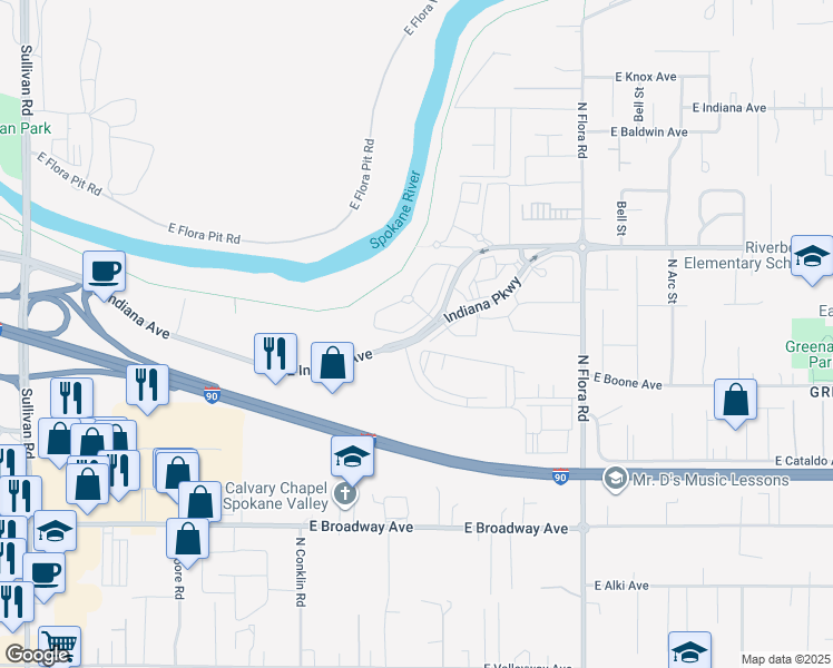 map of restaurants, bars, coffee shops, grocery stores, and more near 16621 East Indiana Avenue in Spokane Valley