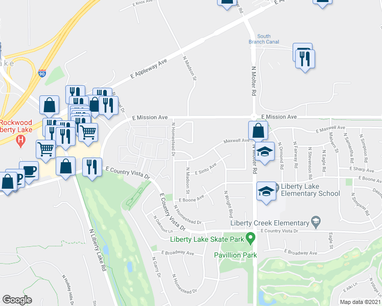 map of restaurants, bars, coffee shops, grocery stores, and more near 23029 East Colt Lane in Liberty Lake