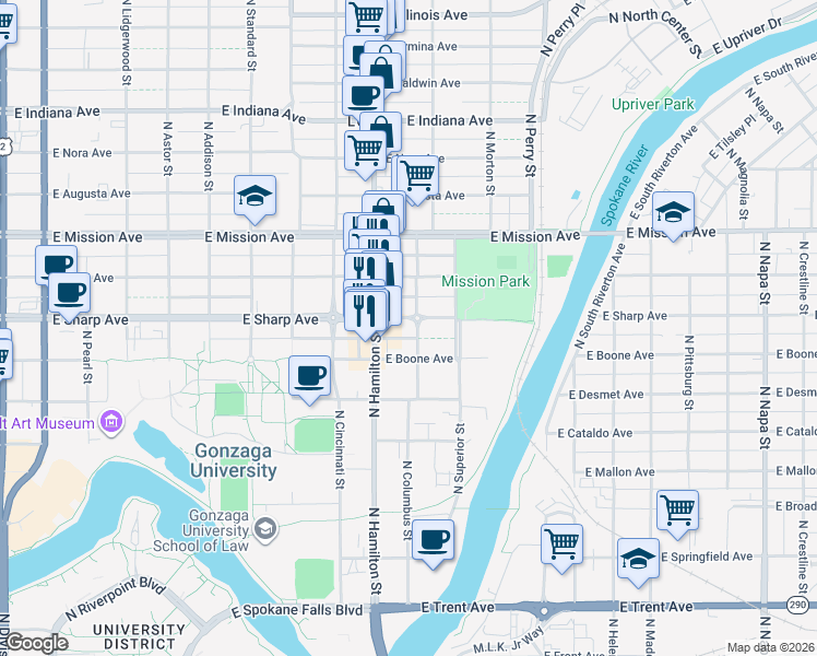 map of restaurants, bars, coffee shops, grocery stores, and more near 1304 North Columbus Street in Spokane