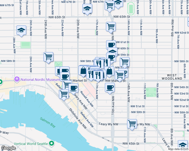map of restaurants, bars, coffee shops, grocery stores, and more near 1701 Northwest 56th Street in Seattle