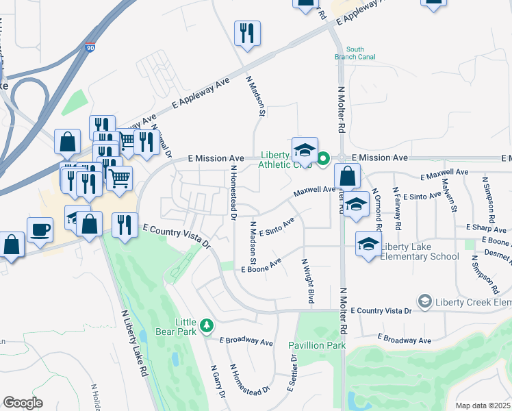 map of restaurants, bars, coffee shops, grocery stores, and more near 23030 East Remington Lane in Liberty Lake