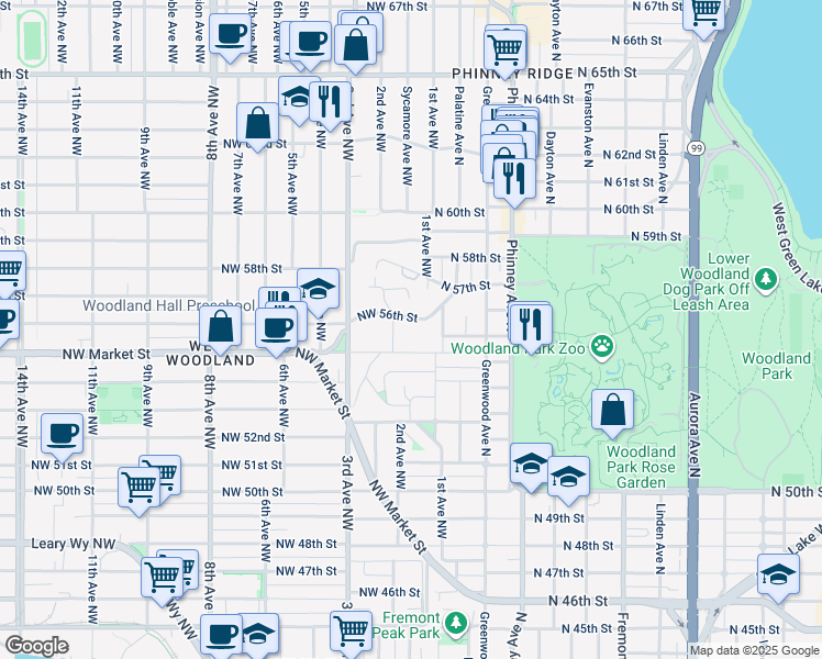 map of restaurants, bars, coffee shops, grocery stores, and more near 101 Northwest 58th Street in Seattle