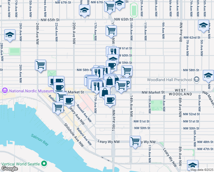 map of restaurants, bars, coffee shops, grocery stores, and more near 1527 Northwest 57th Street in Seattle
