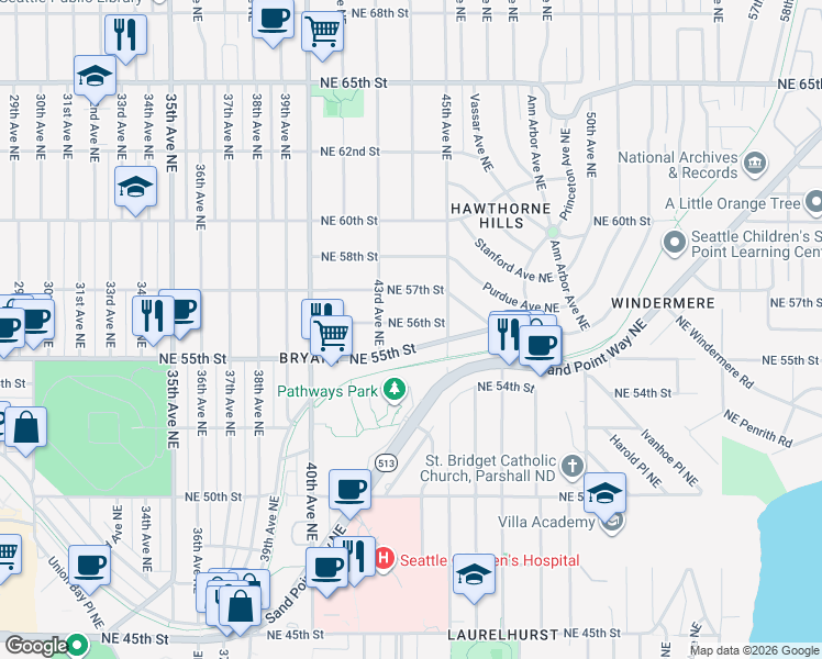 map of restaurants, bars, coffee shops, grocery stores, and more near 4329 Northeast 56th Street in Seattle