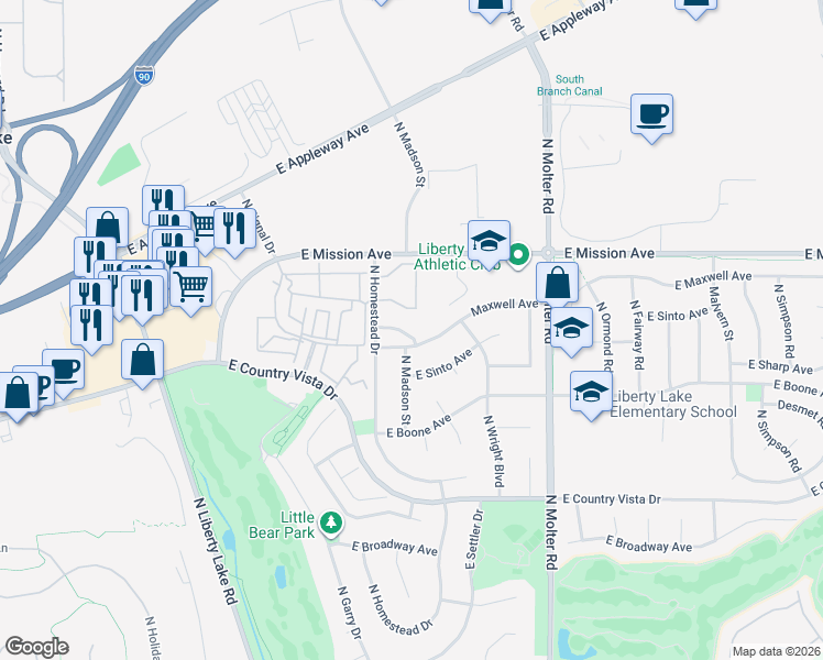 map of restaurants, bars, coffee shops, grocery stores, and more near 23027 East Colt Lane in Liberty Lake