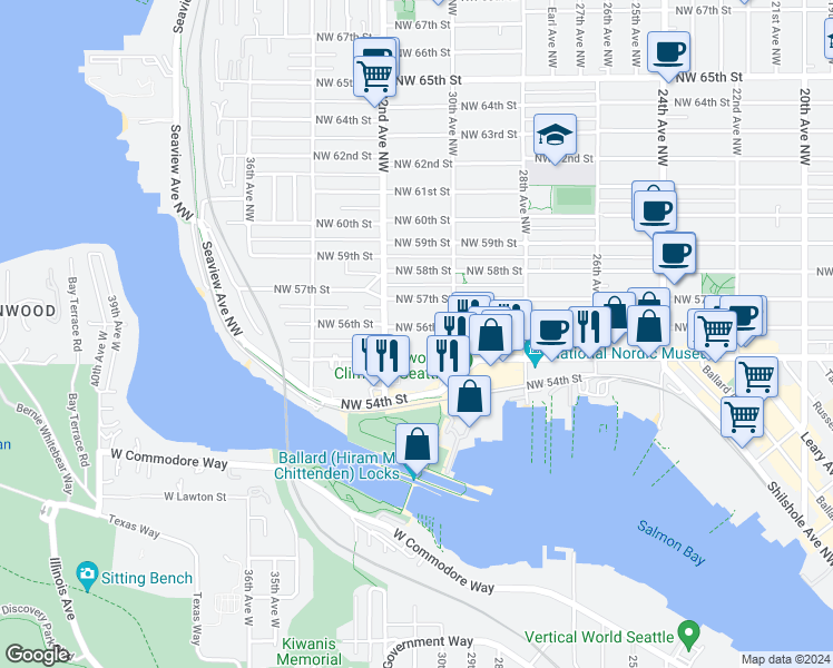 map of restaurants, bars, coffee shops, grocery stores, and more near 3033 Northwest 56th Street in Seattle