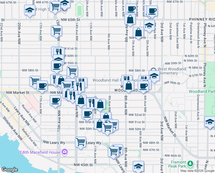 map of restaurants, bars, coffee shops, grocery stores, and more near 847 Northwest 57th Street in Seattle