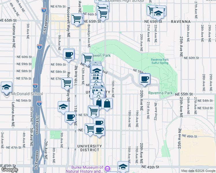 map of restaurants, bars, coffee shops, grocery stores, and more near 5528 15th Avenue Northeast in Seattle