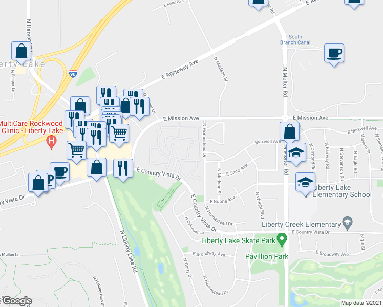 map of restaurants, bars, coffee shops, grocery stores, and more near 22855 Country Vista Drive in Liberty Lake