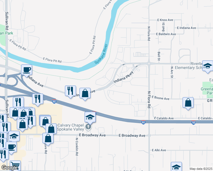 map of restaurants, bars, coffee shops, grocery stores, and more near 16621 East Indiana Avenue in Spokane Valley