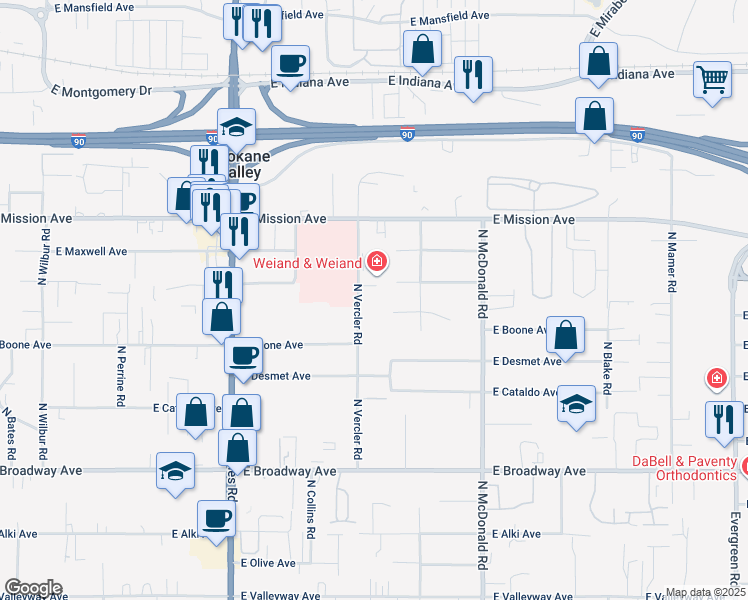 map of restaurants, bars, coffee shops, grocery stores, and more near 1414 North Vercler Road in Spokane Valley