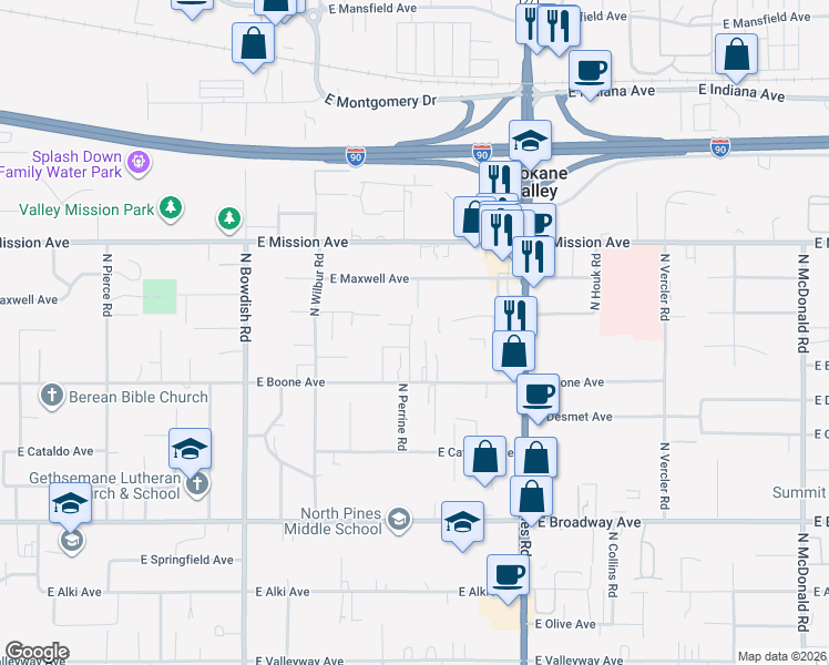 map of restaurants, bars, coffee shops, grocery stores, and more near 11915 East Sinto Lane in Spokane Valley