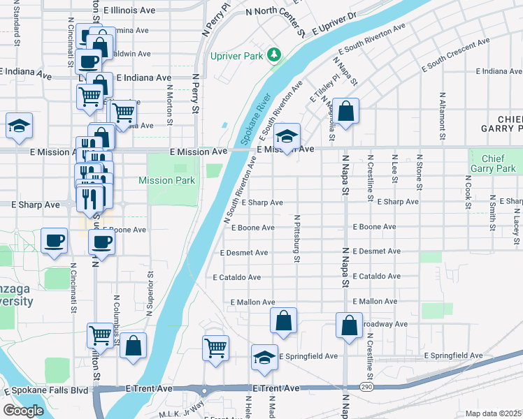 map of restaurants, bars, coffee shops, grocery stores, and more near 1312 North Helena Street in Spokane