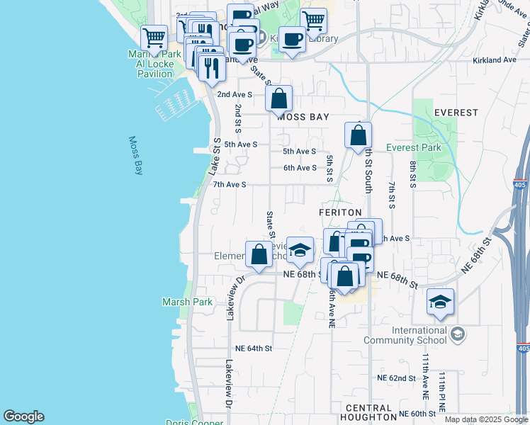 map of restaurants, bars, coffee shops, grocery stores, and more near 712 State Street in Kirkland