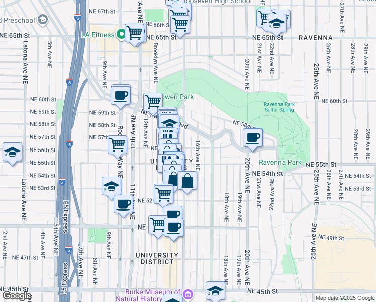 map of restaurants, bars, coffee shops, grocery stores, and more near 5616 15th Avenue Northeast in Seattle