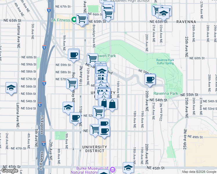 map of restaurants, bars, coffee shops, grocery stores, and more near 5616 15th Avenue Northeast in Seattle