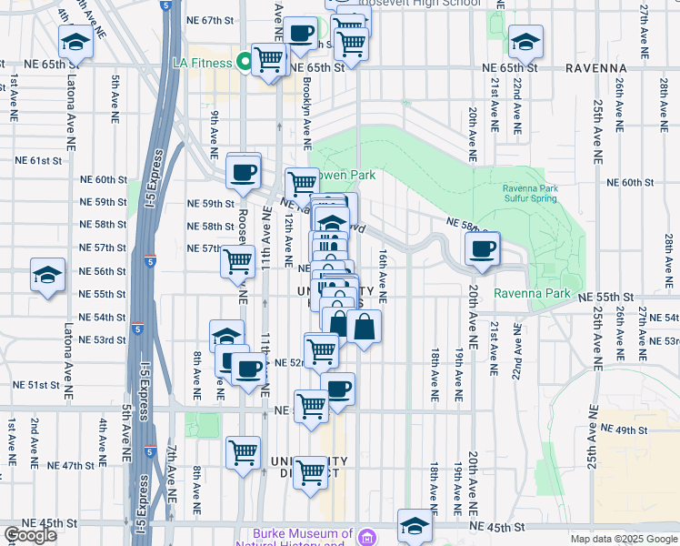 map of restaurants, bars, coffee shops, grocery stores, and more near 5619 University Way Northeast in Seattle