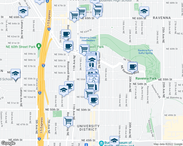 map of restaurants, bars, coffee shops, grocery stores, and more near 5619 University Way Northeast in Seattle
